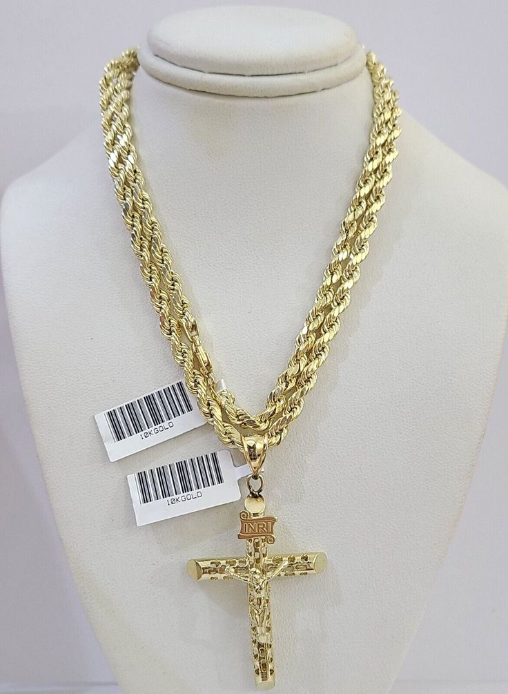 10K Yellow Gold Rope Chain Necklace with INRI Crucifix Pendant