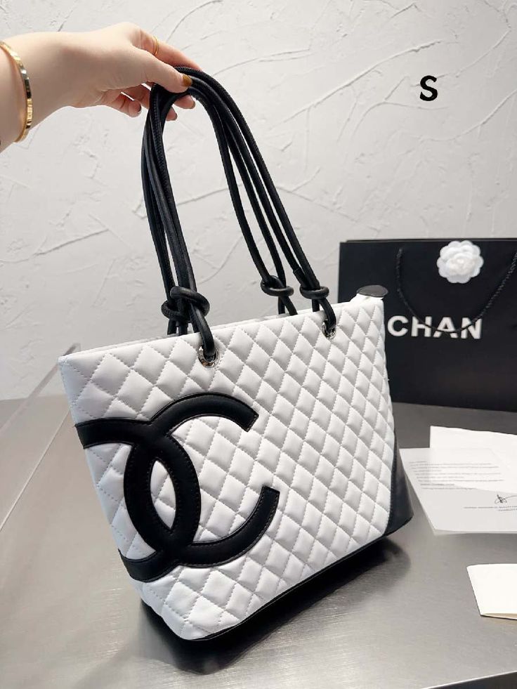 Chanel Quilted Tote Bag - White & Black Leather Shoulder Bag