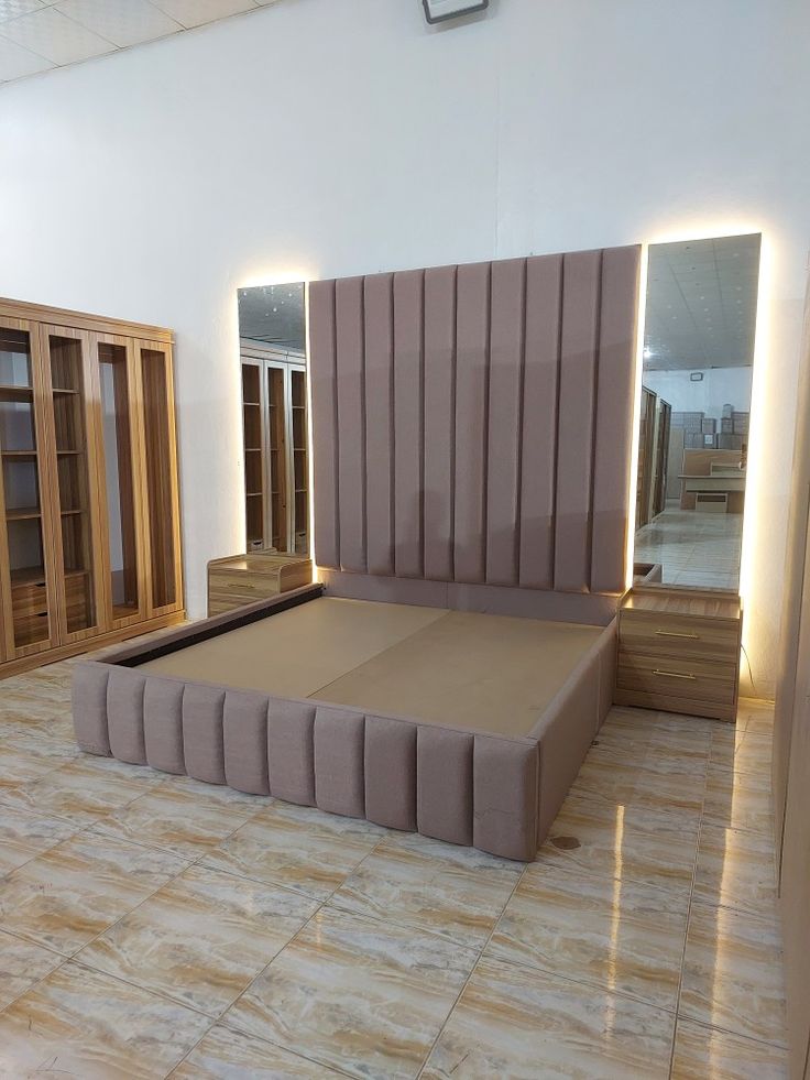 Modern Upholstered Channel Tufted Bed Frame with LED Mirrors & Nightstands