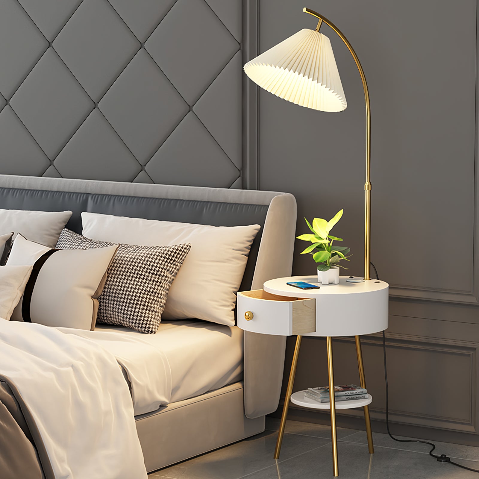 Modern Bedside Table with Integrated Floor Lamp & Wireless Charger