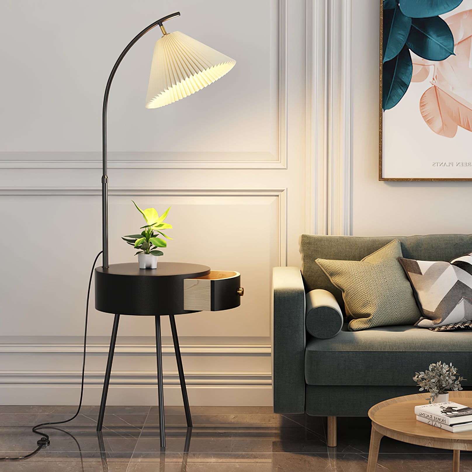 Modern Minimalist Floor Lamp with Integrated Side Table and Drawer