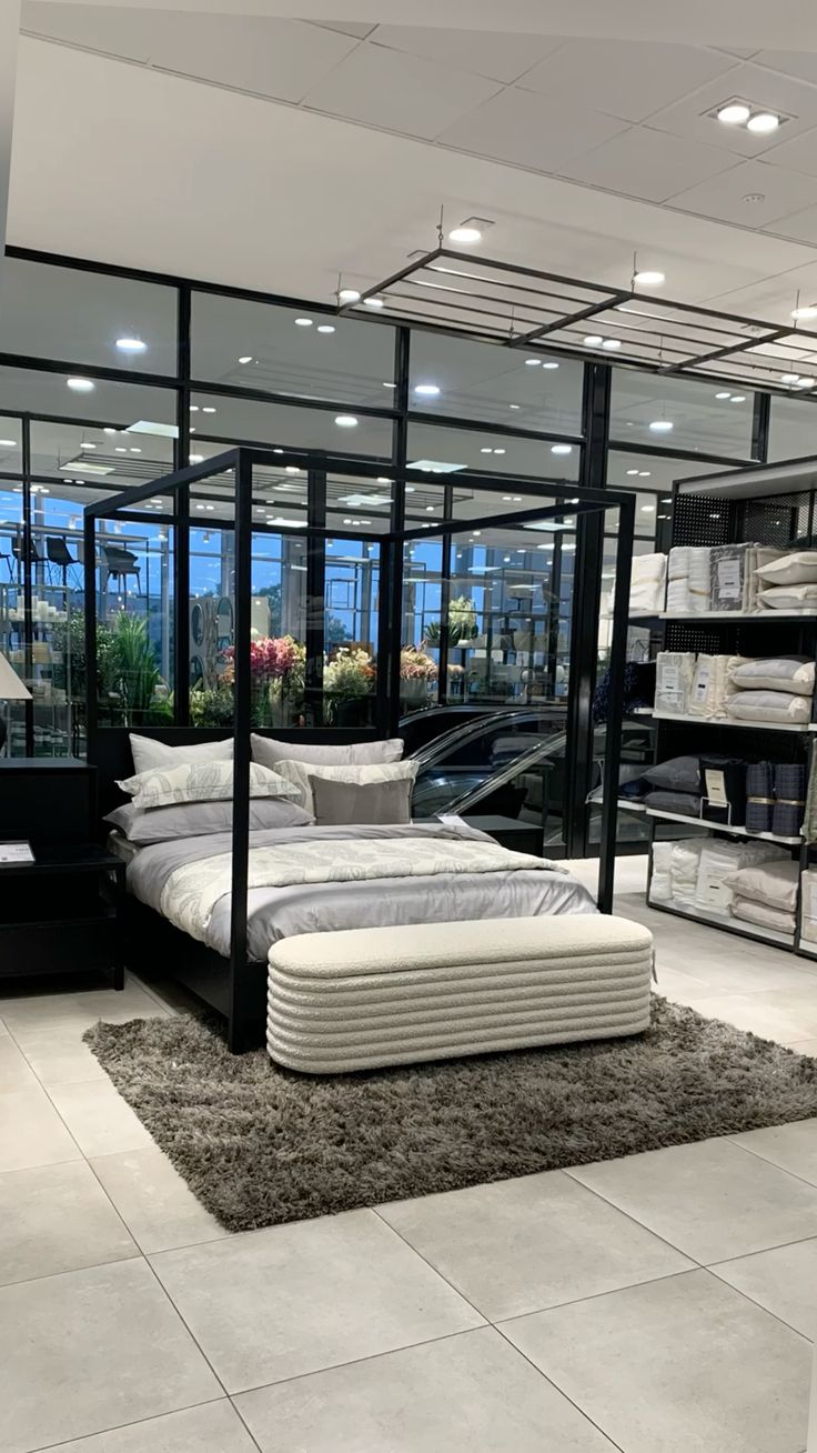 Modern Black Metal Canopy Bed Frame with Matching Bouclé Bench