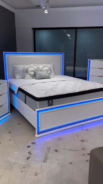 Modern White LED Upholstered Queen Bed Frame