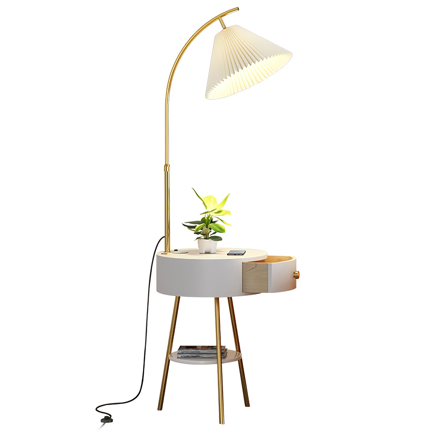 Modern Nordic Floor Lamp with Integrated Side Table and Drawer