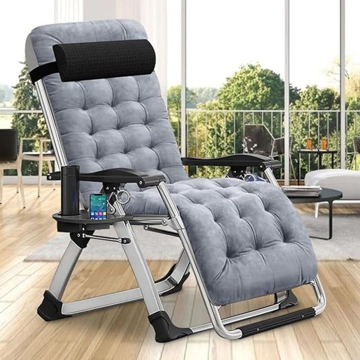 Esazn Lounge Chair Stackable Sand Gray Steel Frame Stationary Zero Gravity Chair With Gray Cushioned Seat