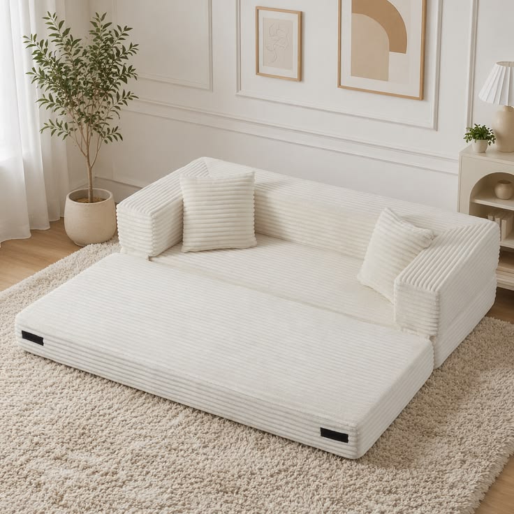 Modern Corduroy Compression Sofa Bed - White