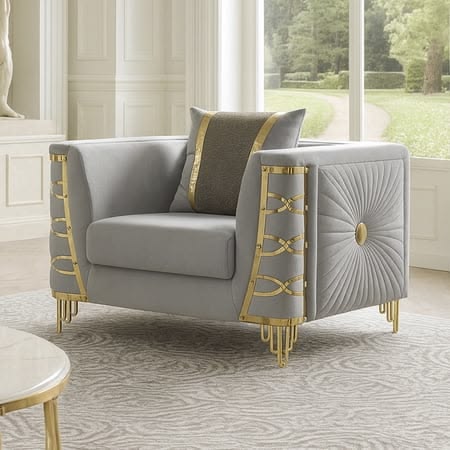 Modern Gray Fabric Accent Chair With Gold Metal Side Frame and Channel Tufting
