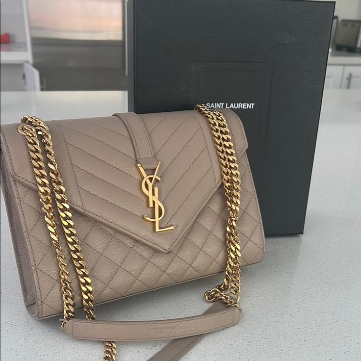 Saint Laurent Envelope Medium Quilted Shoulder Bag in Taupe Grain de Poudre
