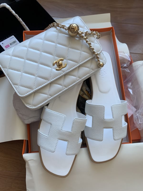 Chanel Quilted Pearl Crush Clutch with Chain and Hermes Oran Sandals Set